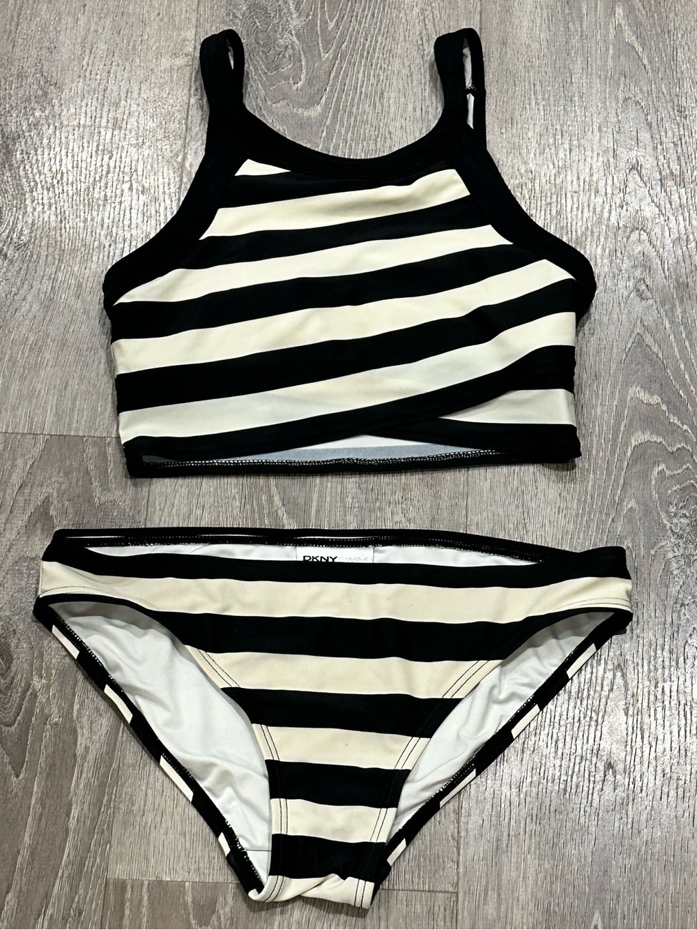 DKNY Swim Black & White Striped Two-Piece Bikini Set – Size Medium - Picture 2 of 5